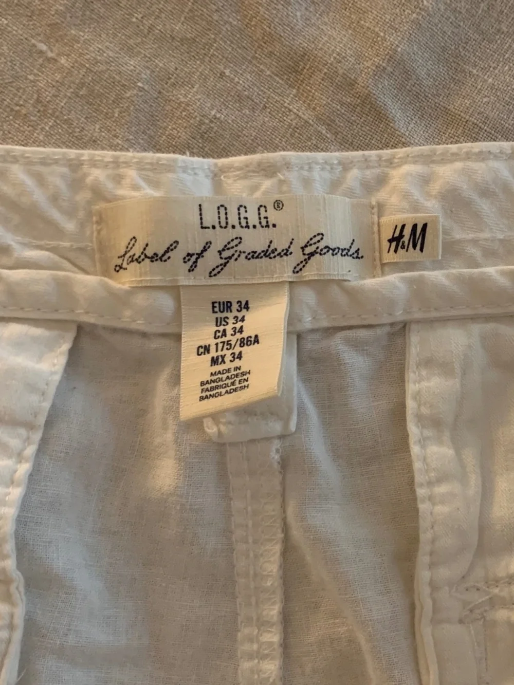 H&M L.O.G.G. Off-White Linen Blend Drawstring Hem Straight Pants US 4